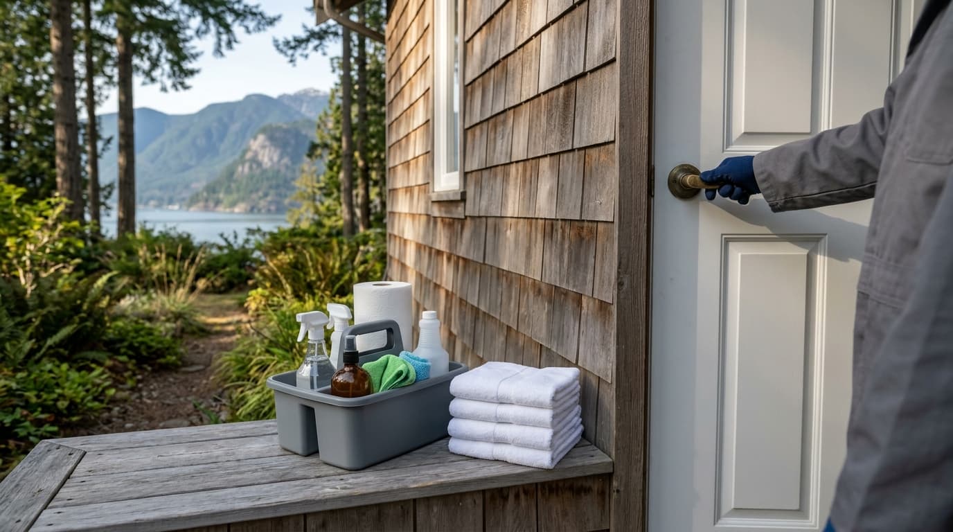 Cleaning caddy and folded towels on the front step of a coastal cottage as a cleaner reaches for the door