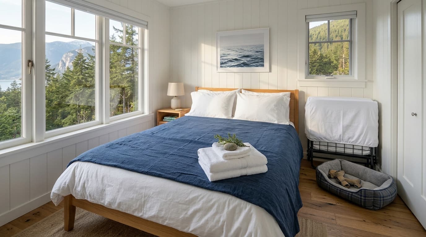 Freshly made bed with folded towels, a folded rollaway bed and a dog bed in a bright coastal bedroom